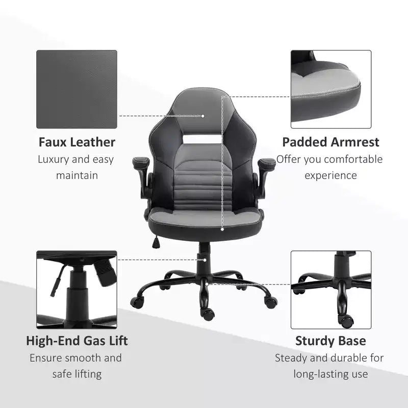 Silla de oficina ergonómica Vinsetto para gaming, estilo Racing, silla de escritorio ejecutiva con piel sintética, inclinación y ruedas giratorias, negra/gris