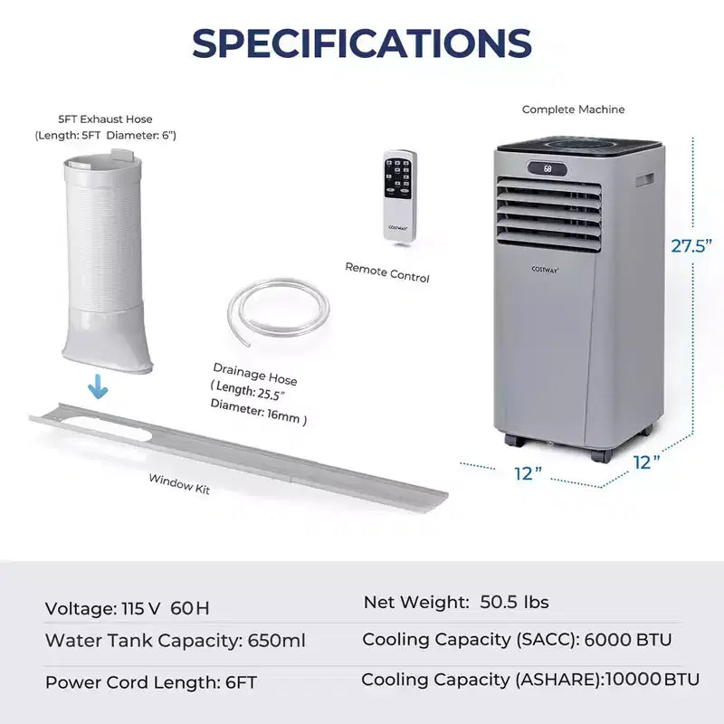 Climatiseur portable Costway 6000 BTU (10000 BTU ASHRAE) avec télécommande, refroidisseur d'air 3-en-1 avec fonction de déshumidification