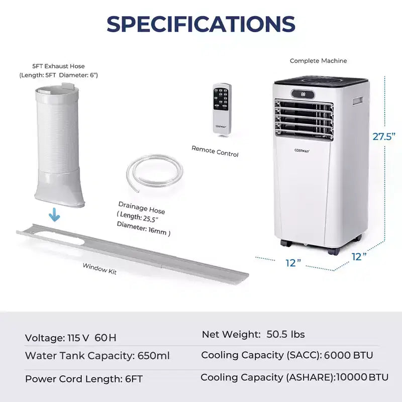 Climatiseur portable Costway 6000 BTU (10000 BTU ASHRAE) avec télécommande, refroidisseur d'air 3-en-1 avec fonction de déshumidification