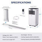 Climatiseur portable Costway 6000 BTU (10000 BTU ASHRAE) avec télécommande, refroidisseur d'air 3-en-1 avec fonction de déshumidification