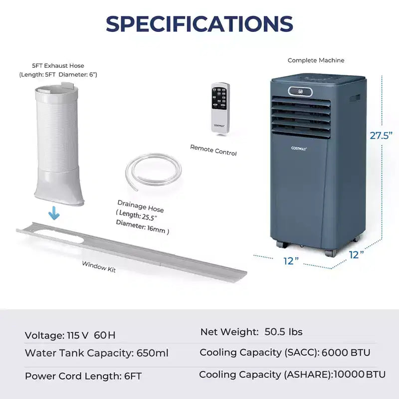 Climatiseur portable Costway 6000 BTU (10000 BTU ASHRAE) avec télécommande, refroidisseur d'air 3-en-1 avec fonction de déshumidification