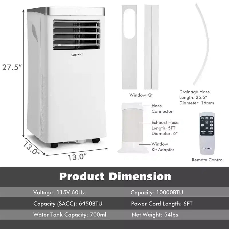Costway Aire Acondicionado Portátil 3 en 1, 8000 BTU/10000 BTU ASHRAE con Control Remoto