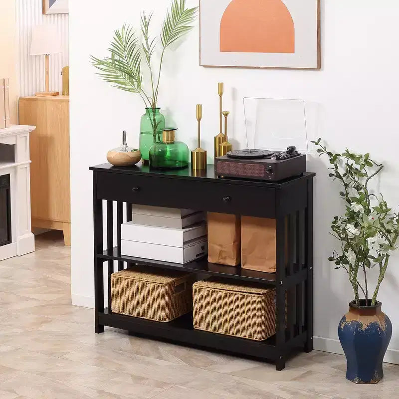 Table console d'entrée HOMCOM avec tiroir coulissant extra large, 2 étagères ouvertes et cadre en bois à lattes