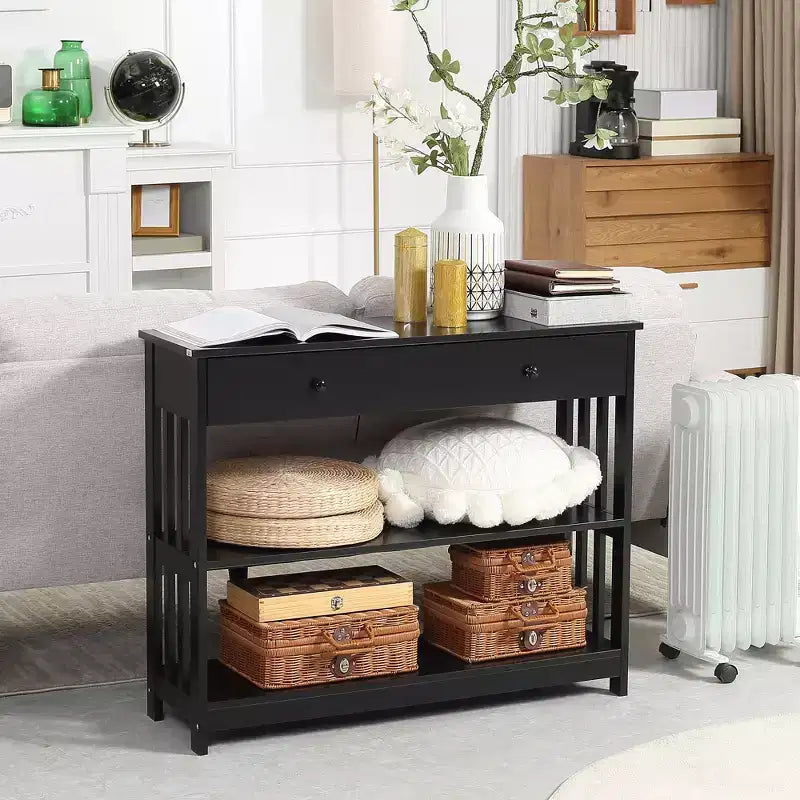 Table console d'entrée HOMCOM avec tiroir coulissant extra large, 2 étagères ouvertes et cadre en bois à lattes