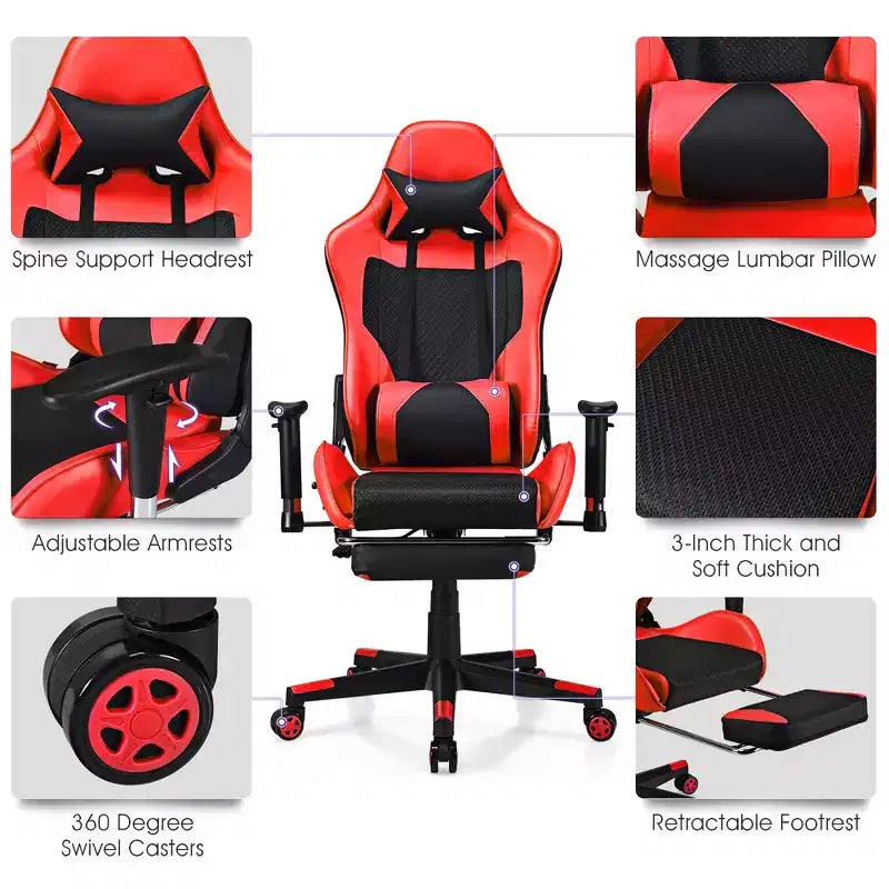 Sillón de masaje Costway, silla reclinable para videojuegos, silla de carreras con soporte lumbar de masaje y reposapiés