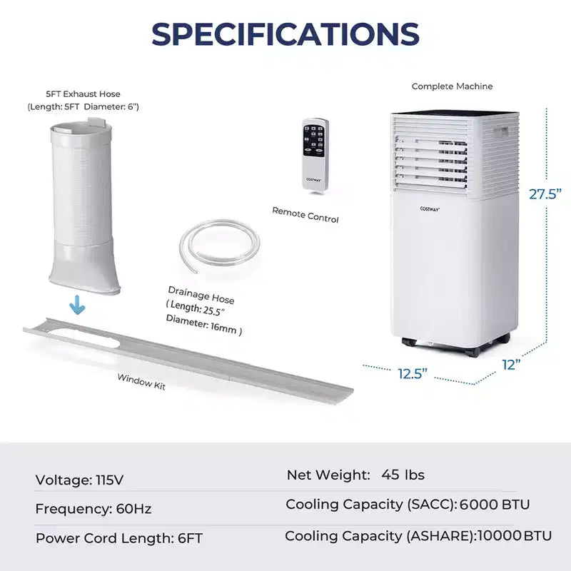 Climatiseur portable Costway 10000 BTU ASHRAE 3-en-1 avec déshumidificateur et mode ventilateur