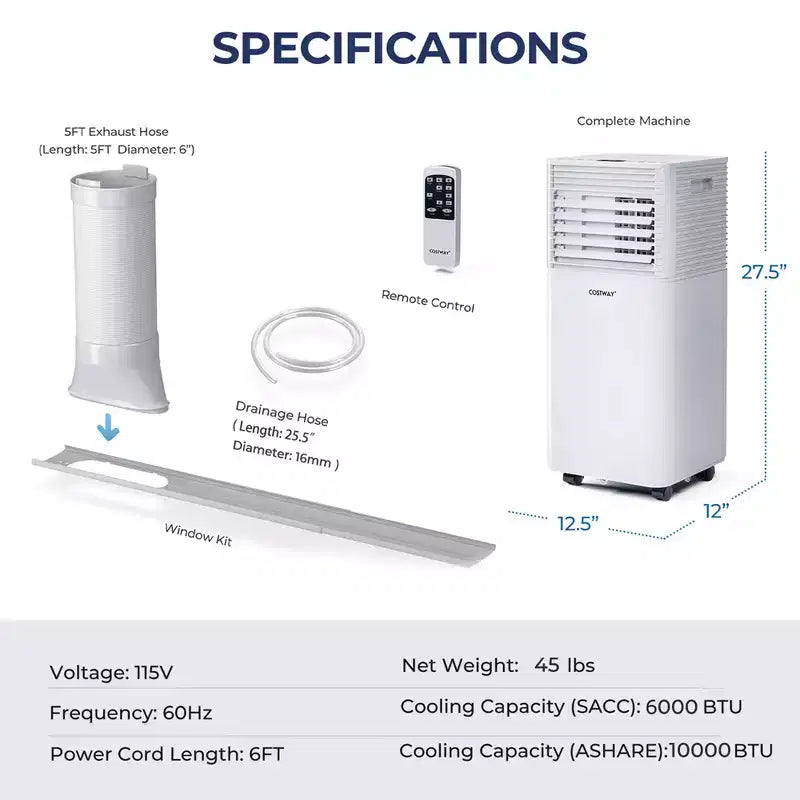Climatiseur portable Costway 10000 BTU ASHRAE 3-en-1 avec déshumidificateur et mode ventilateur