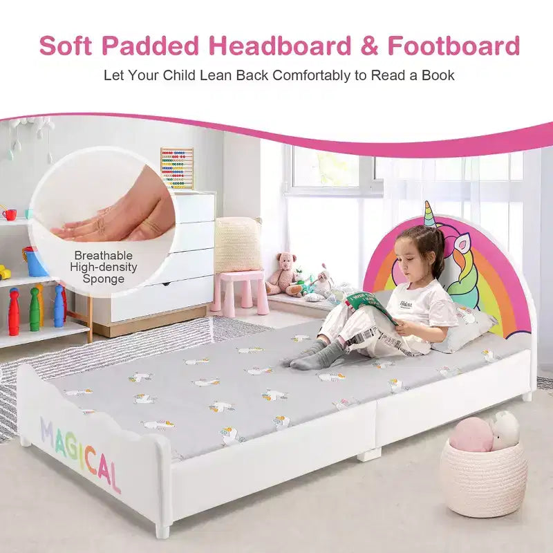 Cama plataforma tapizada para niños Costway, cama de madera individual con estampado de unicornio
