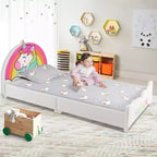 Cama plataforma tapizada para niños Costway, cama de madera individual con estampado de unicornio