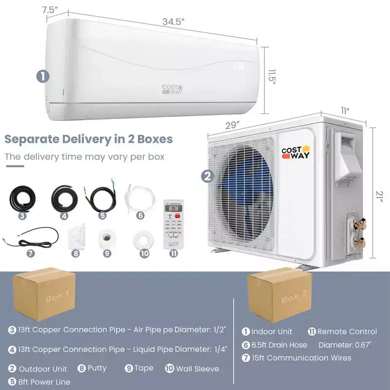 Costway Climatiseur et Chauffage Mini Split 12000 BTU 20 SEER2 115 V Unité de Climatisation Murale