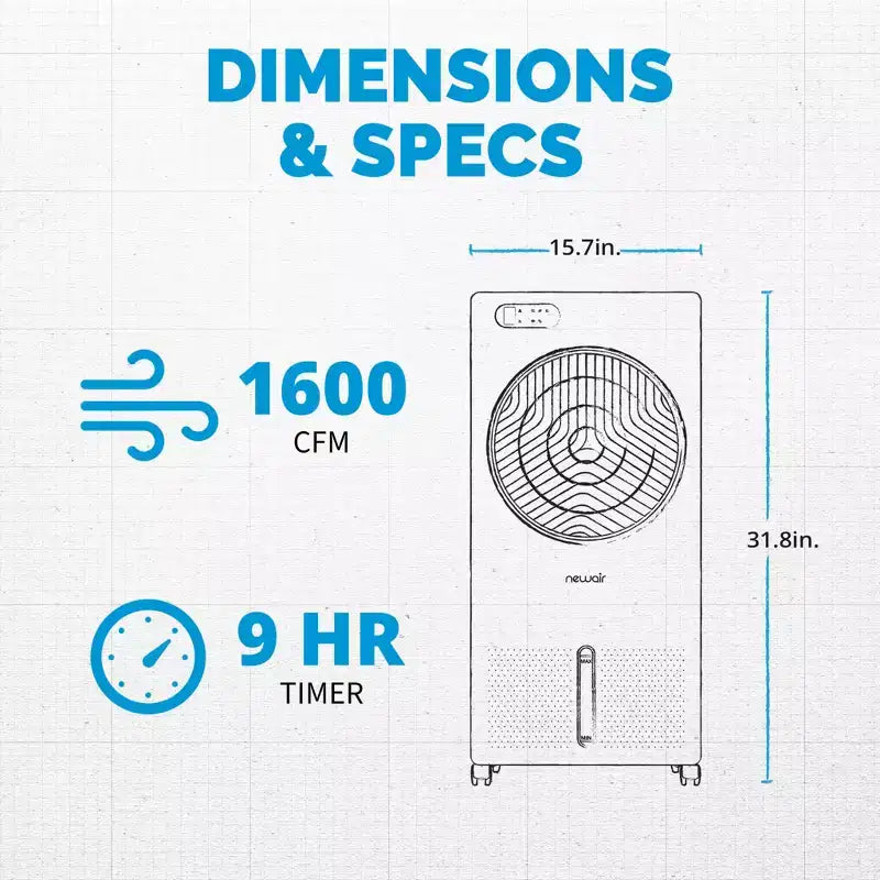 Refroidisseur d'air évaporatif et ventilateur portable Newair, refroidisseur par évaporation 1600 CFM, chambre à glaçons à chargement par le haut, réservoir d'eau amovible de 12 litres