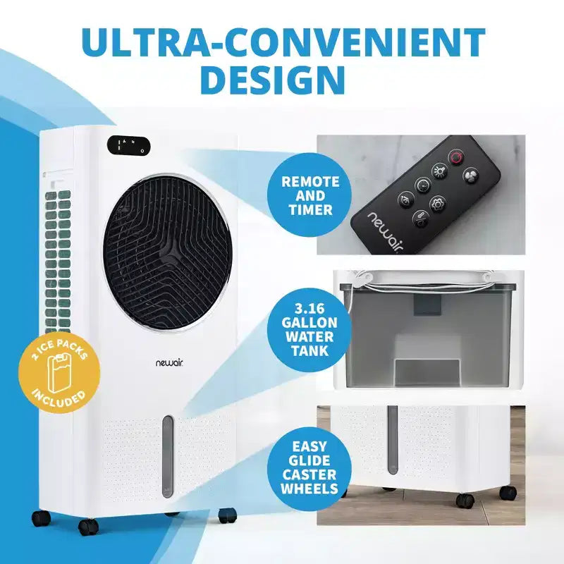 Refroidisseur d'air évaporatif et ventilateur portable Newair, refroidisseur par évaporation 1600 CFM, chambre à glaçons à chargement par le haut, réservoir d'eau amovible de 12 litres