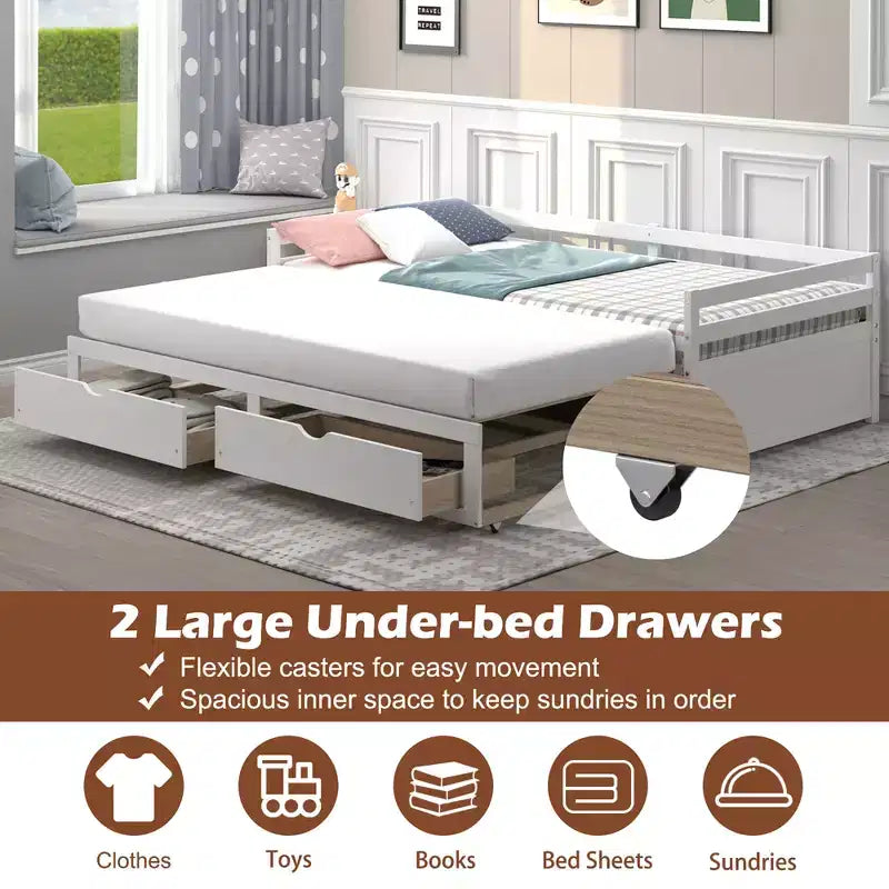 Lit de repos double Costway convertible en lit king-size avec 2 tiroirs, canapé-lit en bois pour chambre et salon, blanc/cerisier