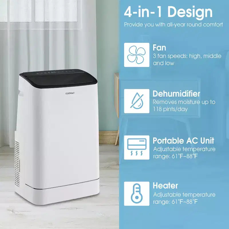 Costway Climatiseur portable 15000 BTU avec télécommande et contrôle par application, ventilateur de refroidissement, fonction chauffage et déshumidificateur
