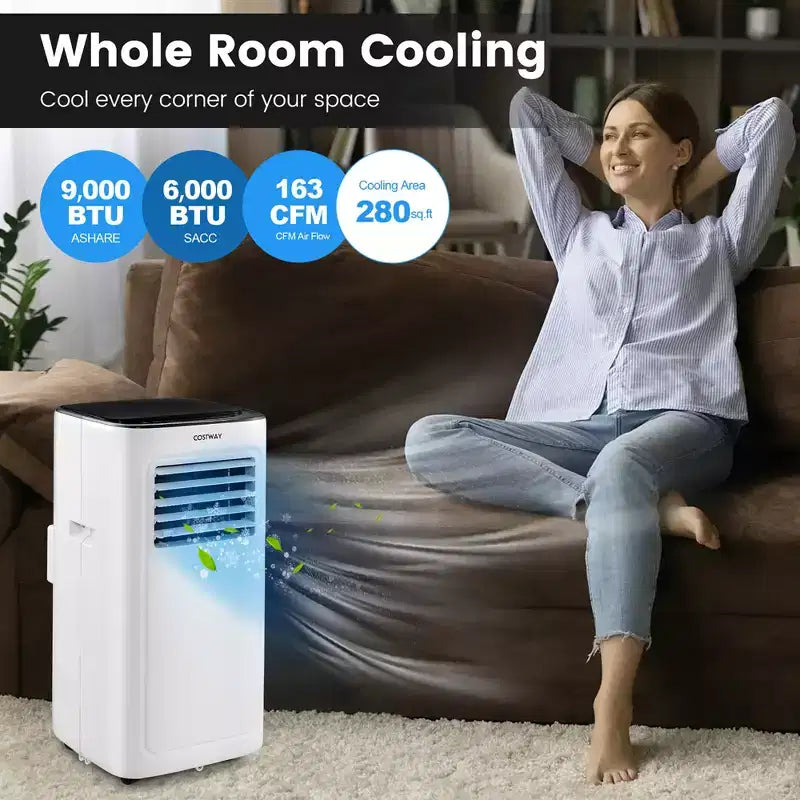 Climatiseur portable Costway 6000 BTU (9000 BTU ASHAR) 3-en-1 avec fonctions climatiseur, déshumidificateur, ventilateur et mode nuit