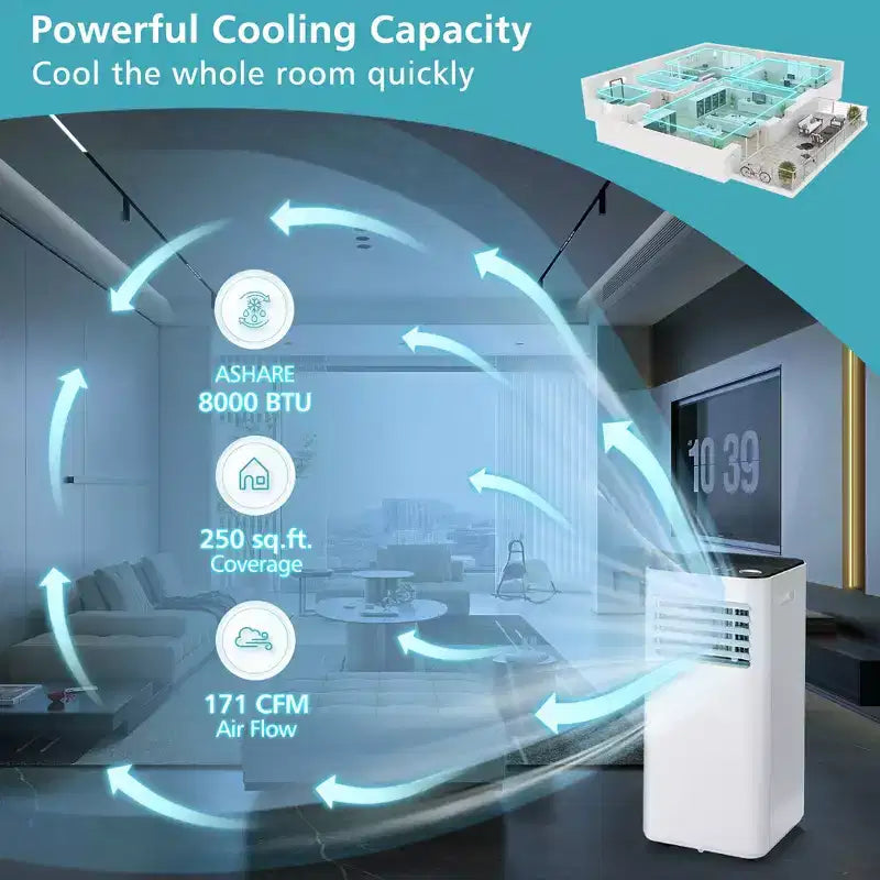 Aire Acondicionado Portátil Costway 8000 BTU Enfriador de Aire 3 en 1 con Ventilador Deshumidificador Modo Sueño