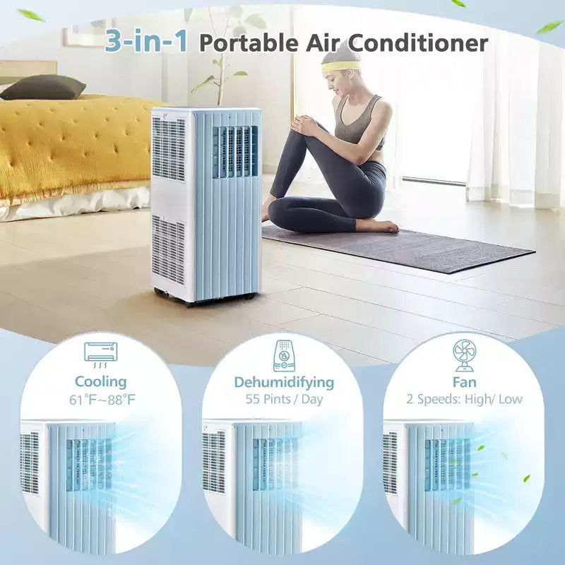 Climatiseur Portable Costway 7100 BTU (10000 BTU ASHARE) Unité AC 3-en-1 avec Refroidissement Déshumidification Ventilation Mode Veille