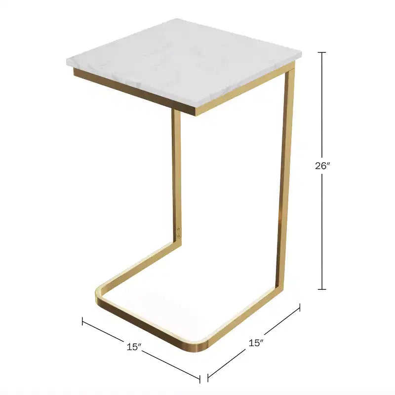 Mesa auxiliar en forma de C Lavish Home – Mesa auxiliar de mármol auténtico con estructura de hierro dorado para sofá, sillón biplaza o cama – Muebles modernos para sala de estar, blanco