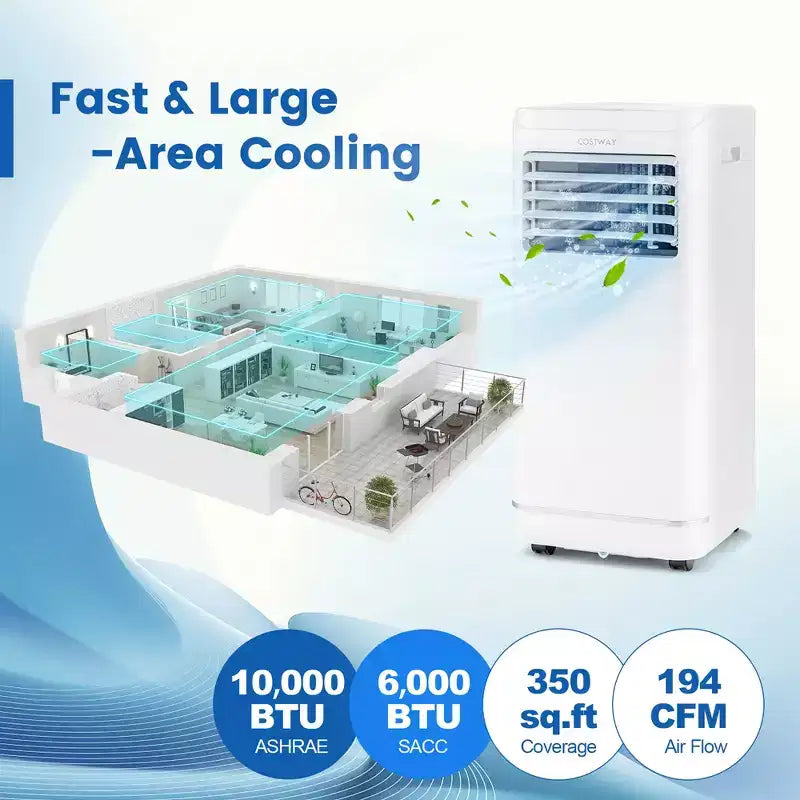 Climatiseur portable Costway 6000 BTU (10000 BTU ASHRAE) avec mode déshumidificateur et ventilateur, jusqu'à 32,5 m²