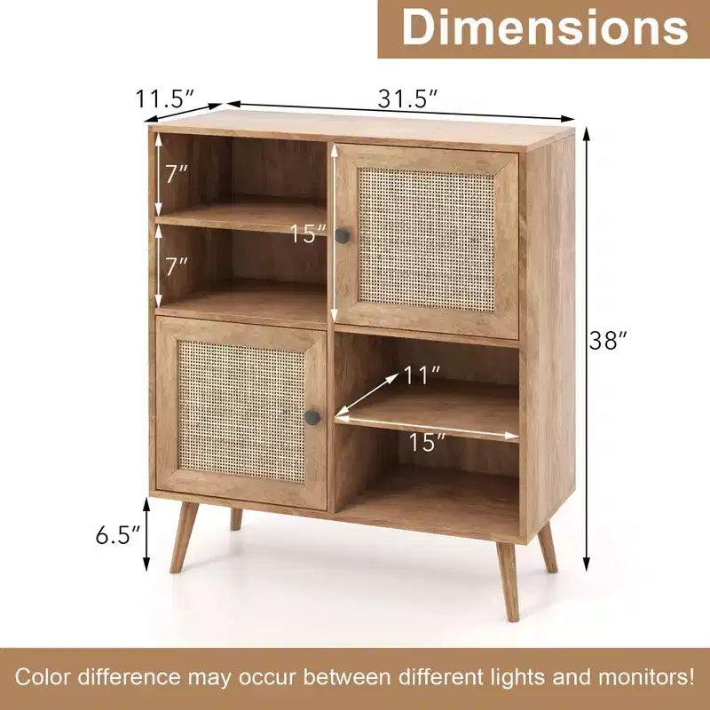 Costway Aparador de ratán, mueble de almacenamiento auxiliar, gabinete de bar de café con puertas y cubículos