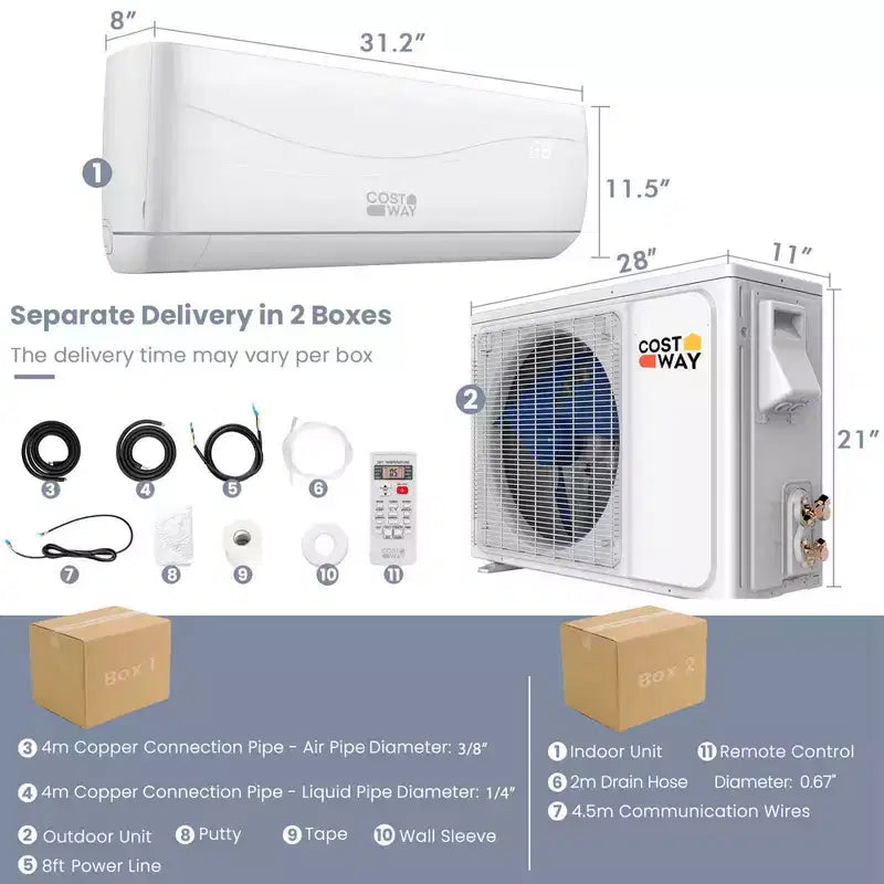 Aire acondicionado y calefactor tipo split de pared Costway de 9000 BTU con control remoto
