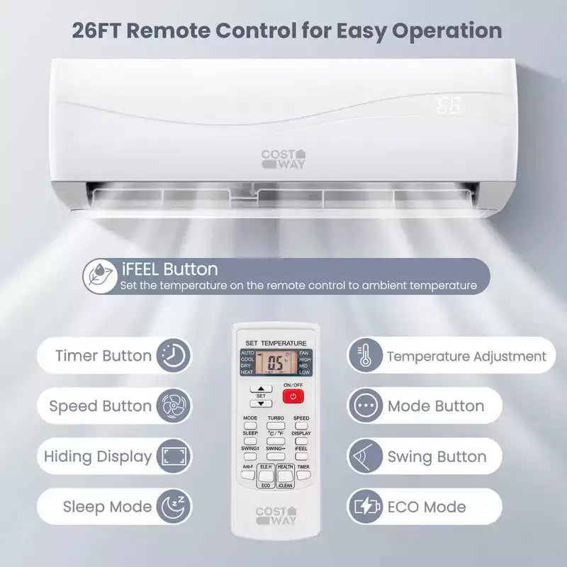 Aire acondicionado y calefactor tipo split de pared Costway de 9000 BTU con control remoto