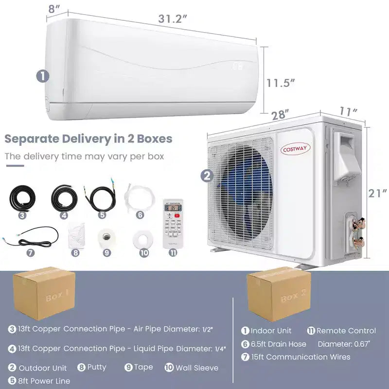 Aire acondicionado y calefactor tipo split de pared Costway de 9000 BTU con control remoto