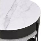 Mesa de centro moderna redonda con tablero elevable, almacenamiento y 3 otomanas, blanco+negro-ModernLuxe