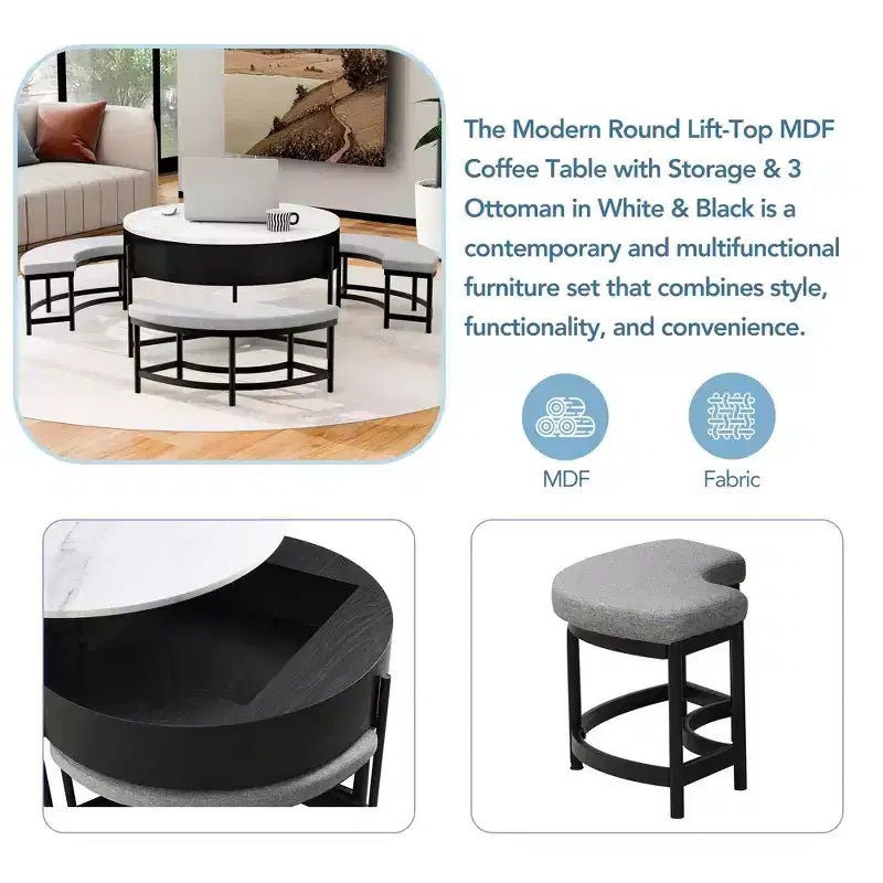 Mesa de centro moderna redonda con tablero elevable, almacenamiento y 3 otomanas, blanco+negro-ModernLuxe