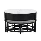 Mesa de centro moderna redonda con tablero elevable, almacenamiento y 3 otomanas, blanco+negro-ModernLuxe