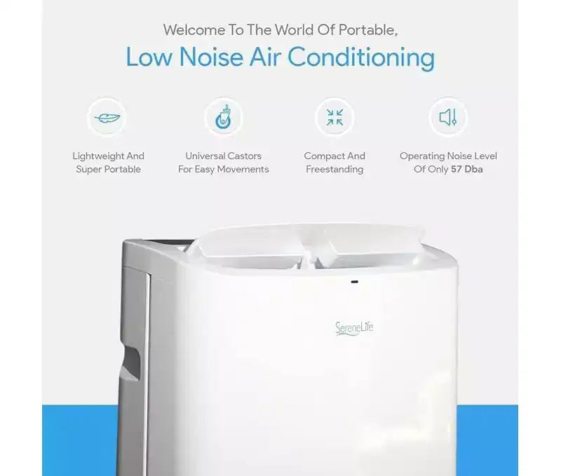 Climatiseur portable SereneLife 14 000 BTU pour la maison avec déshumidificateur, ventilateur, télécommande + kit de fenêtre, blanc