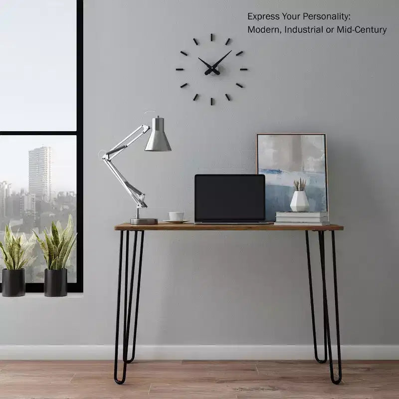 Lujoso Escritorio para el Hogar con Patas Horquilla - Decoración del Hogar de Estilo Industrial Moderno - Aspecto de Veta de Madera y Detalles de Acero