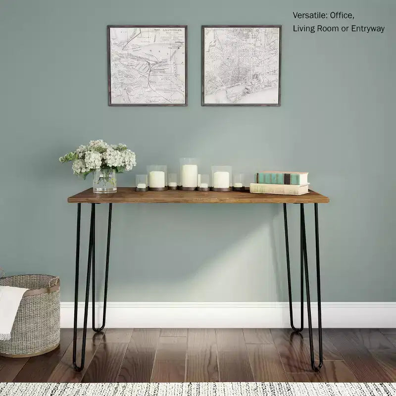 Lujoso Escritorio para el Hogar con Patas Horquilla - Decoración del Hogar de Estilo Industrial Moderno - Aspecto de Veta de Madera y Detalles de Acero
