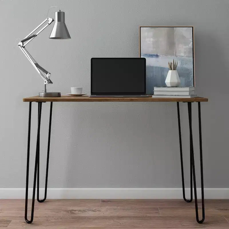 Lujoso Escritorio para el Hogar con Patas Horquilla - Decoración del Hogar de Estilo Industrial Moderno - Aspecto de Veta de Madera y Detalles de Acero