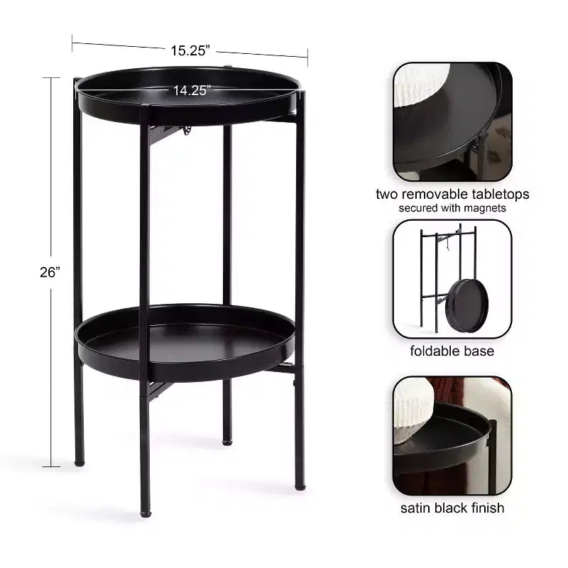 Mesa auxiliar plegable redonda de metal de 2 niveles