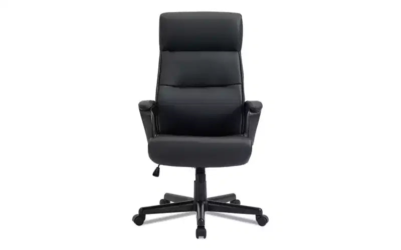 Silla de trabajo con respaldo alto, soporta hasta 124.74 kg, altura del asiento de 44.60 a 54.30 cm, asiento/respaldo negro, base negra