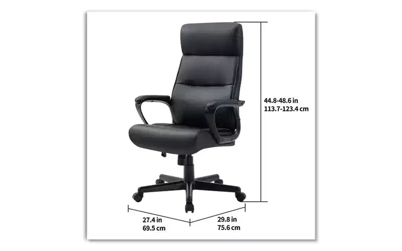 Silla de trabajo con respaldo alto, soporta hasta 124.74 kg, altura del asiento de 44.60 a 54.30 cm, asiento/respaldo negro, base negra