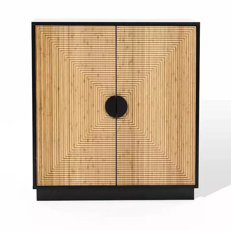LuxenHome Modern Boho 2-Door Black Accent Cabinet with Bamboo Strips Brown