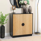 LuxenHome Armario auxiliar moderno bohemio de 2 puertas negro con tiras de bambú marrón