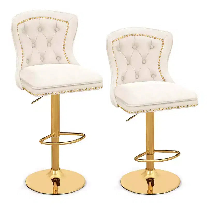 Costway Set of 2 Bar Chairs Dutch Velvet Bar Stool with Footrest Metal Base Anti-Slip Ring Pink/Beige/Grey