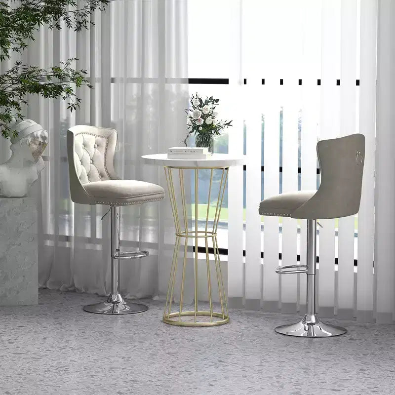 Juego de 2 sillas de bar, taburete de bar de terciopelo holandés con reposapiés, base de metal, anillo antideslizante, rosa/beige/gris