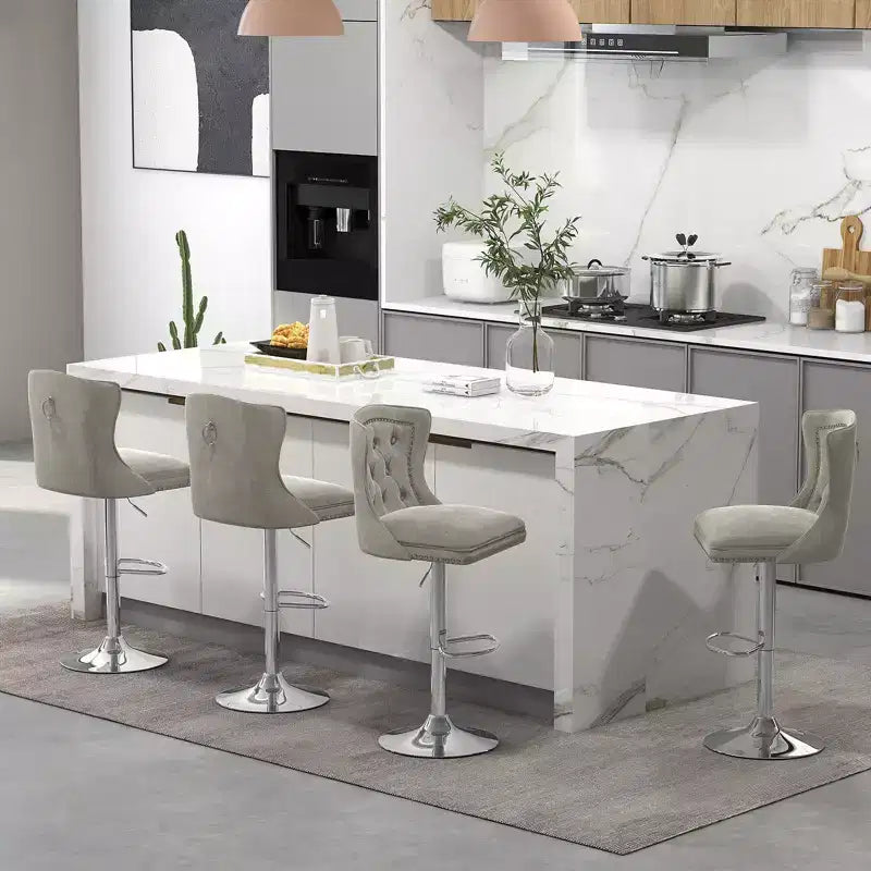 Juego de 2 sillas de bar, taburete de bar de terciopelo holandés con reposapiés, base de metal, anillo antideslizante, rosa/beige/gris