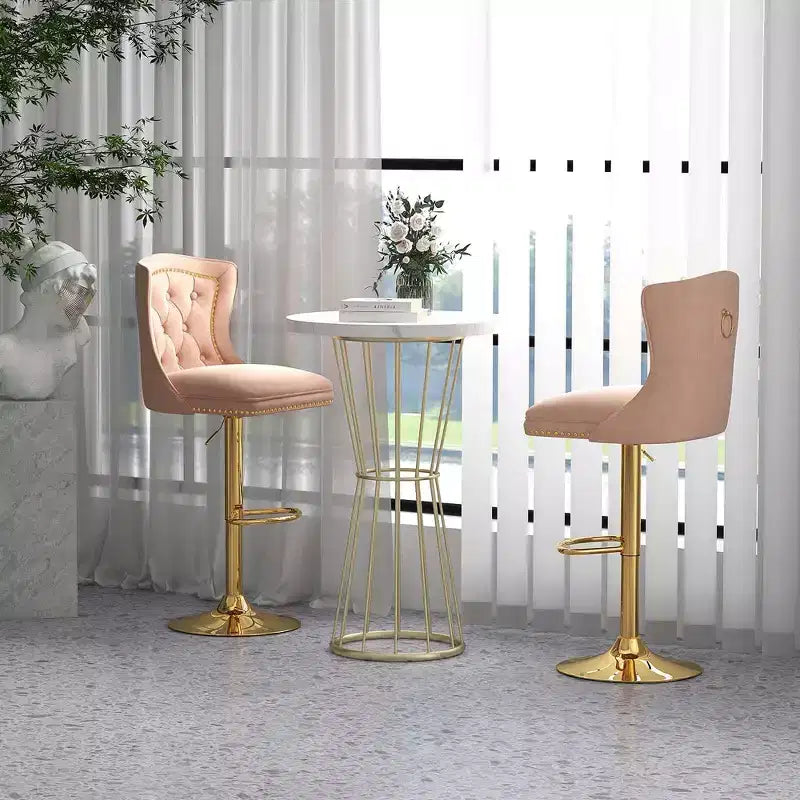 Juego de 2 sillas de bar, taburete de bar de terciopelo holandés con reposapiés, base de metal, anillo antideslizante, rosa/beige/gris