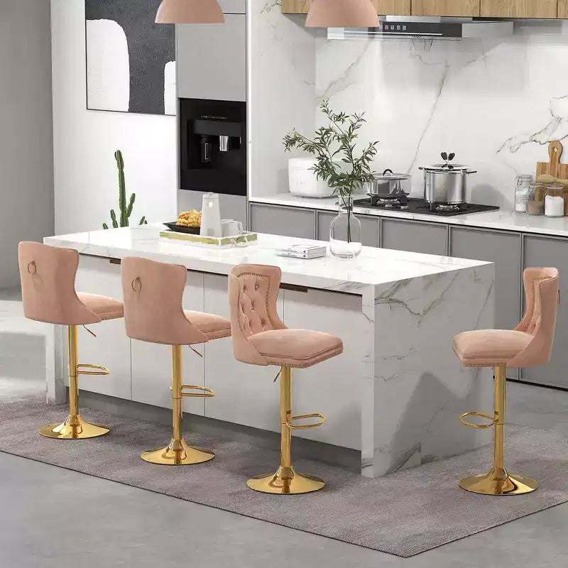 Juego de 2 sillas de bar, taburete de bar de terciopelo holandés con reposapiés, base de metal, anillo antideslizante, rosa/beige/gris