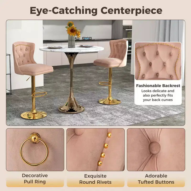 Juego de 2 sillas de bar, taburete de bar de terciopelo holandés con reposapiés, base de metal, anillo antideslizante, rosa/beige/gris