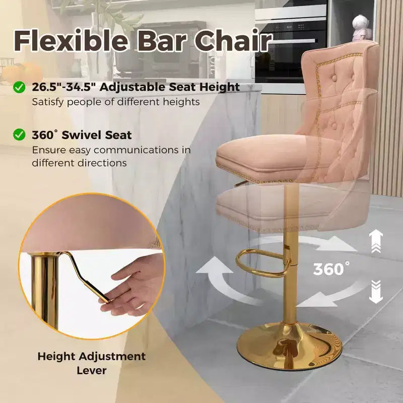 Juego de 2 sillas de bar, taburete de bar de terciopelo holandés con reposapiés, base de metal, anillo antideslizante, rosa/beige/gris