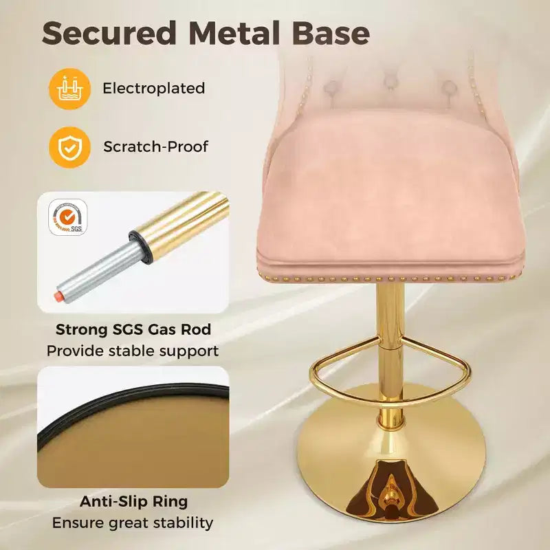 Juego de 2 sillas de bar, taburete de bar de terciopelo holandés con reposapiés, base de metal, anillo antideslizante, rosa/beige/gris