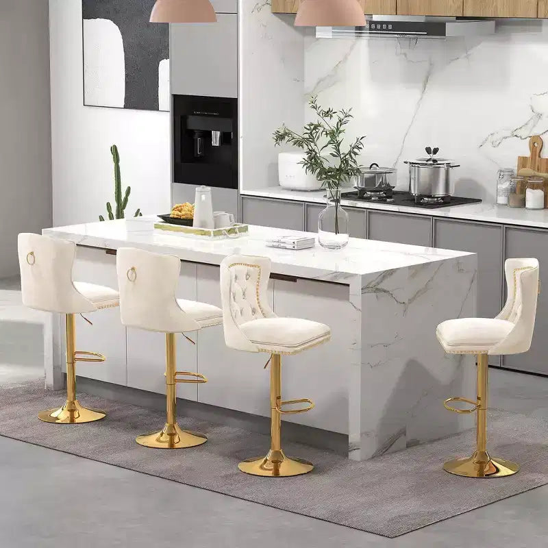 Juego de 2 sillas de bar, taburete de bar de terciopelo holandés con reposapiés, base de metal, anillo antideslizante, rosa/beige/gris