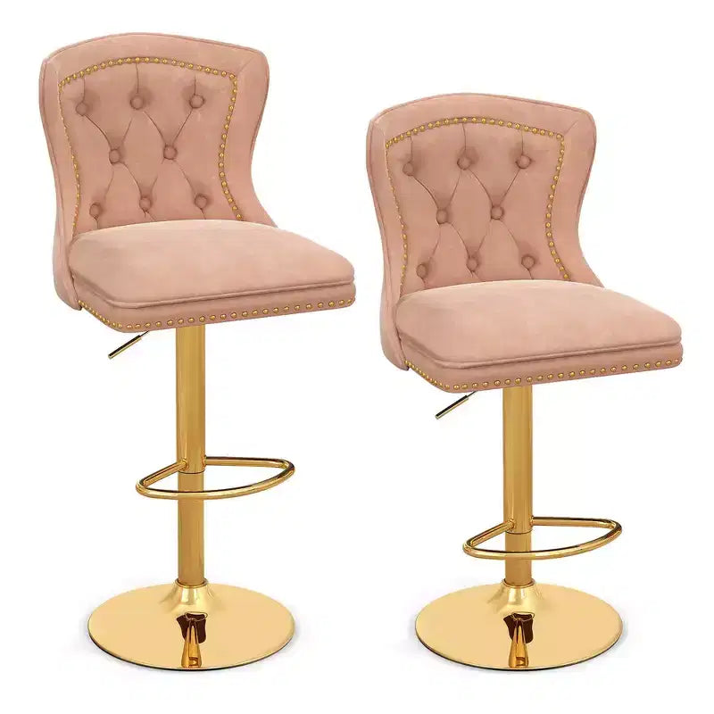 Juego de 2 sillas de bar, taburete de bar de terciopelo holandés con reposapiés, base de metal, anillo antideslizante, rosa/beige/gris