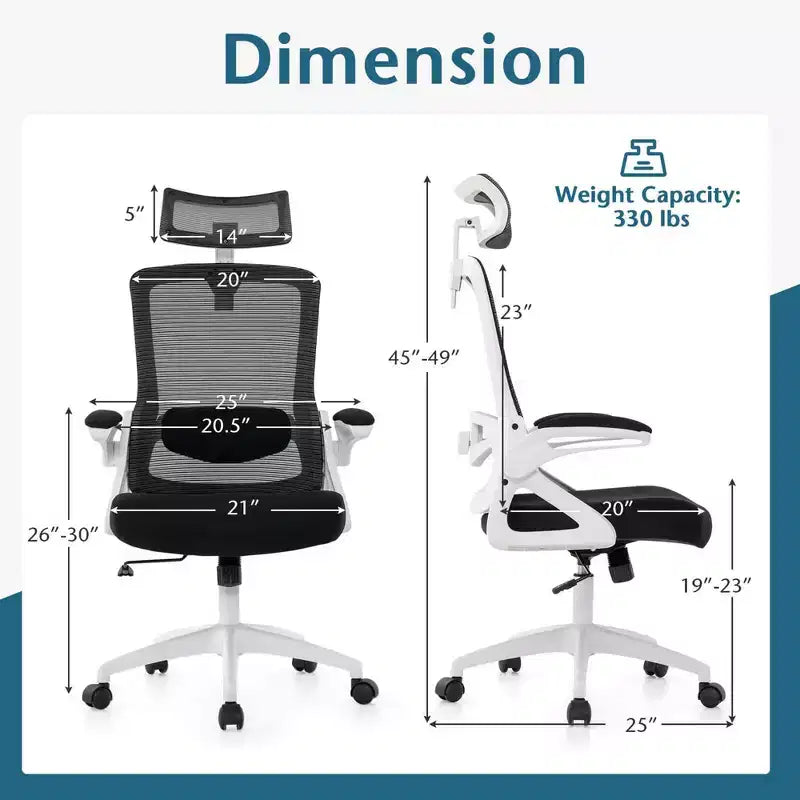 Silla ergonómica de oficina con soporte lumbar ajustable, respaldo reclinable, reposabrazos, color negro/blanco